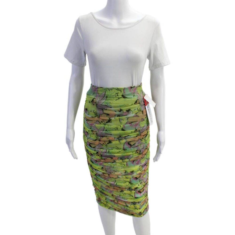 BruceGlen Womens Printed Mesh Ruched Pencil Skirt - Neon Floral Size XS